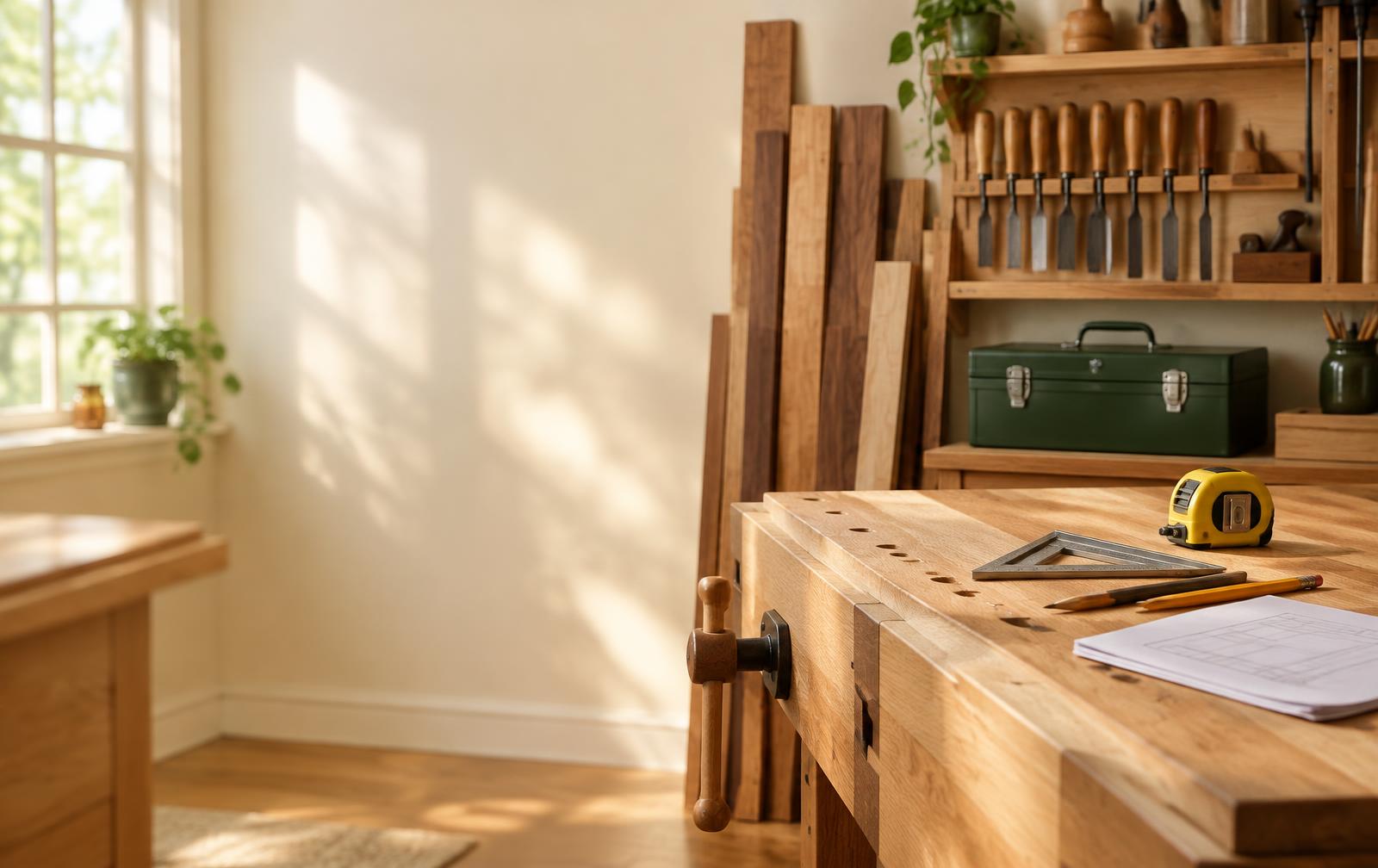 Bright home woodworking shop with a hardwood workbench, tape measure, speed square and a printed cut list
